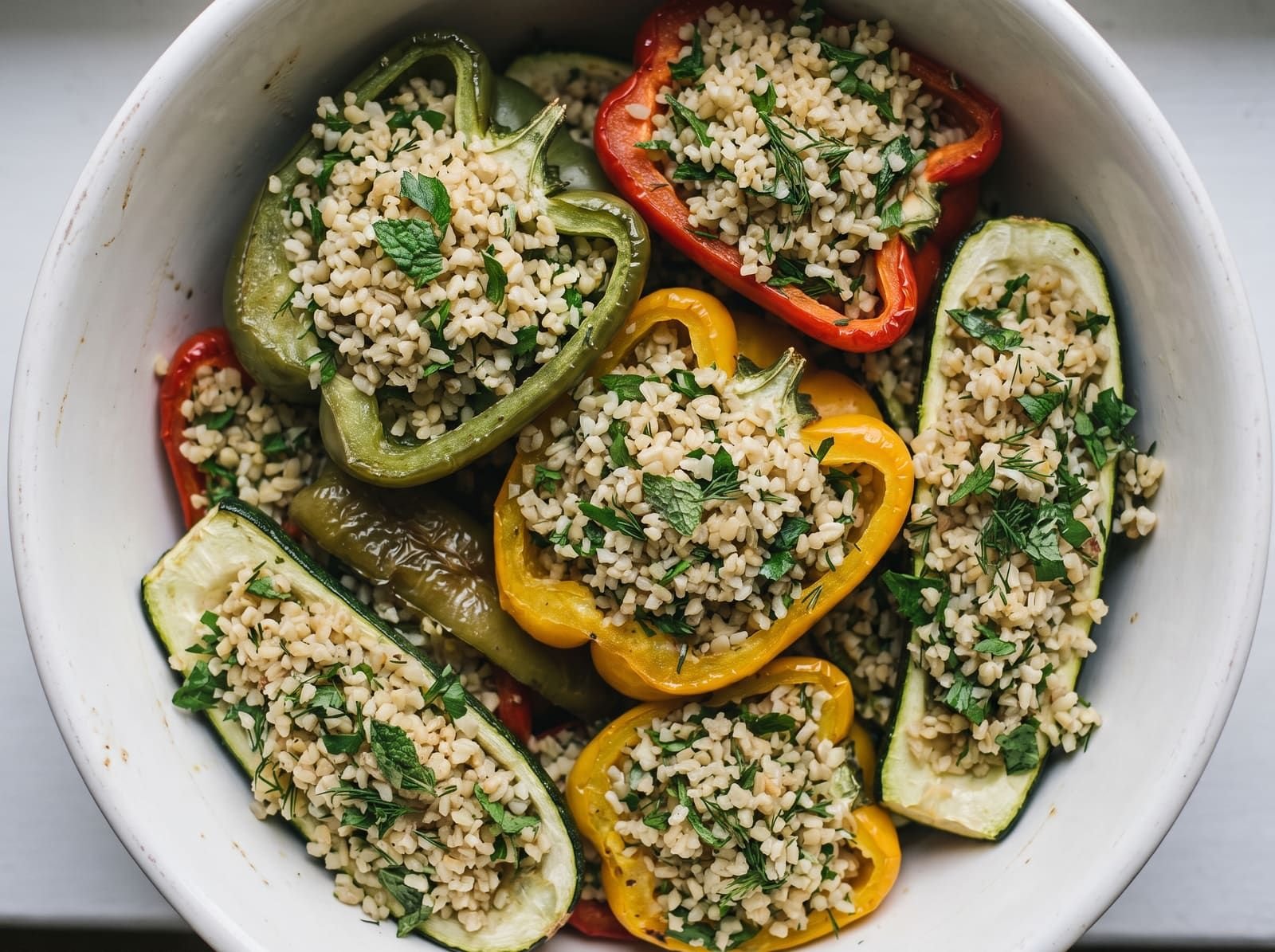 Dolma de courgettes ou de poivrons, accompagnée de boulgour