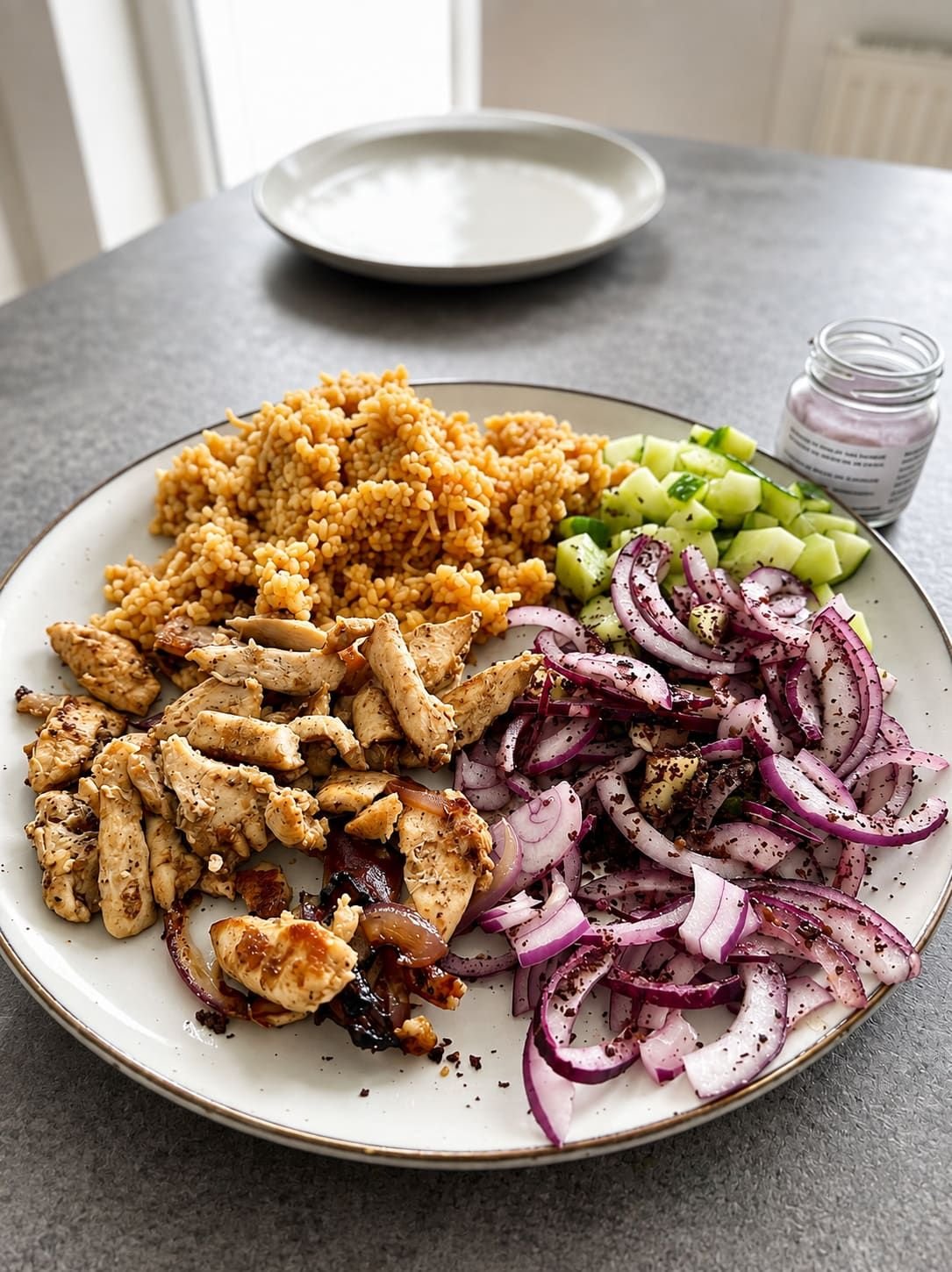 Poulet grillé, boulgour et salade d'oignons rouges