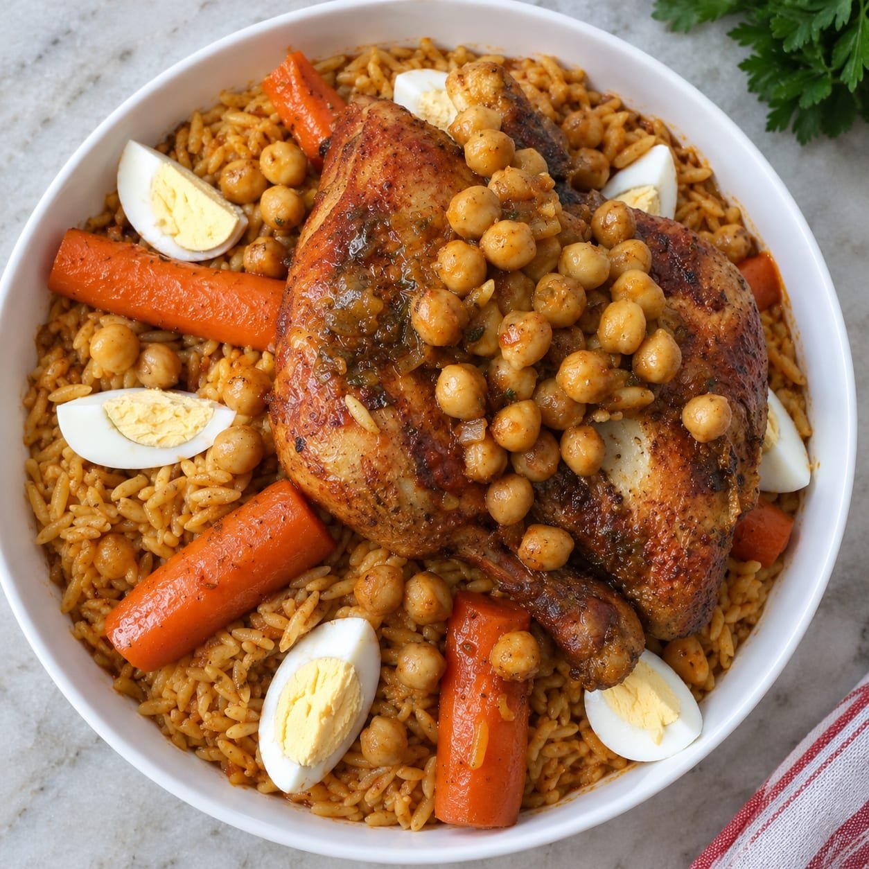 Tlitli algérien au poulet, pois chiches, carottes et œuf