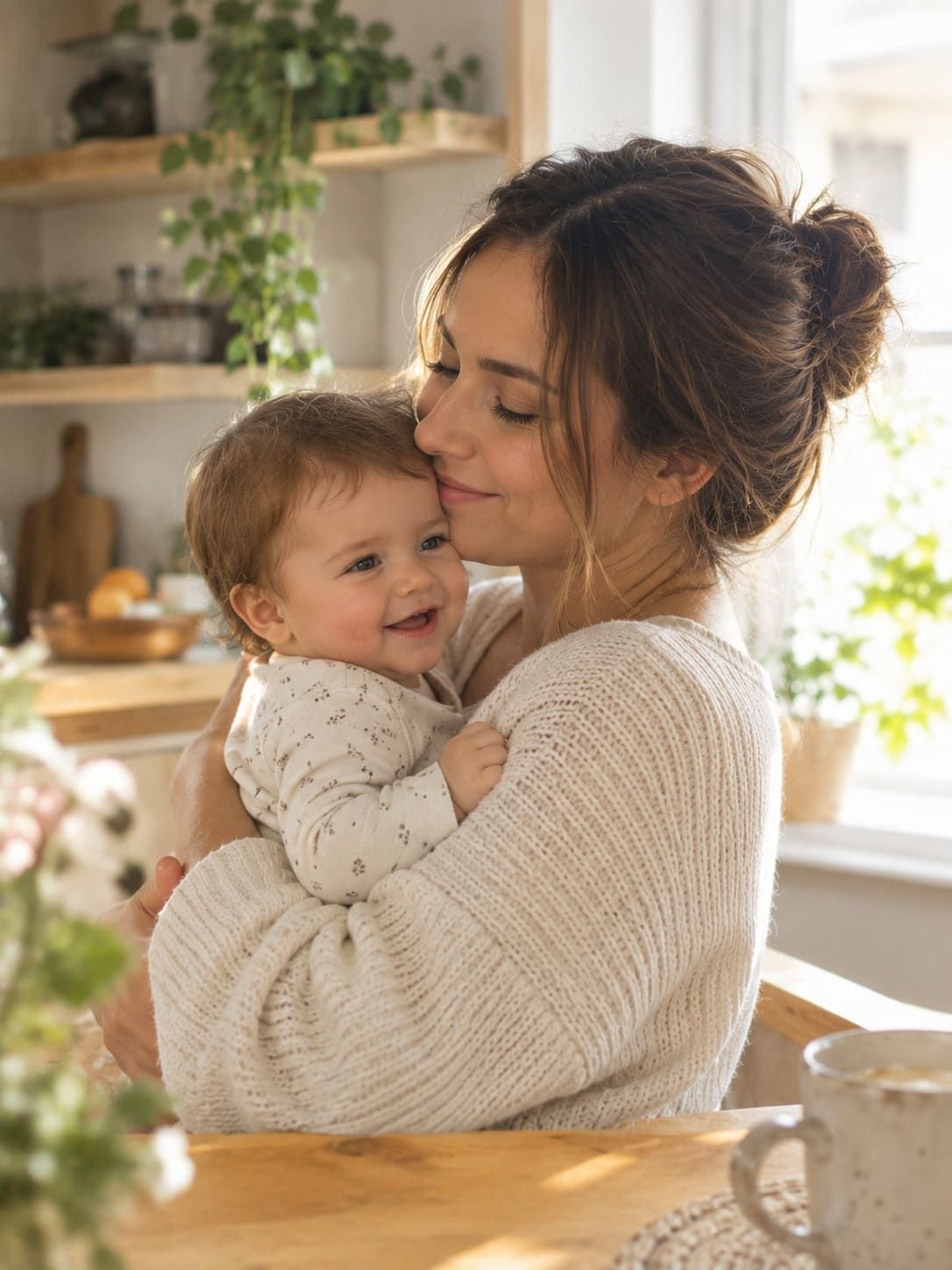 Jeune maman tenant son bébé dans les bras dans une cuisine chaleureuse