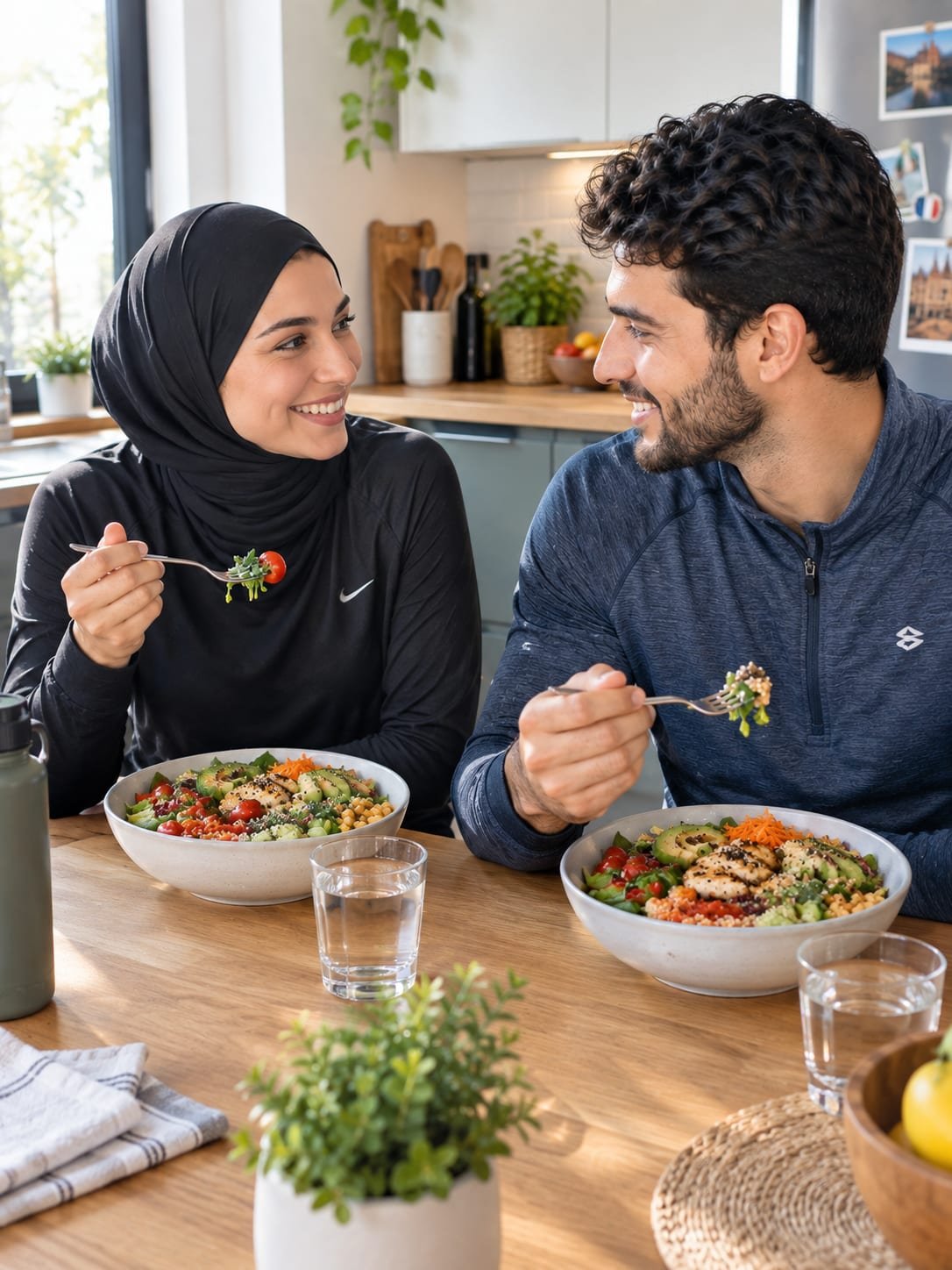 Couple sportif dégustant des assiettes healthy équilibrées après l'effort